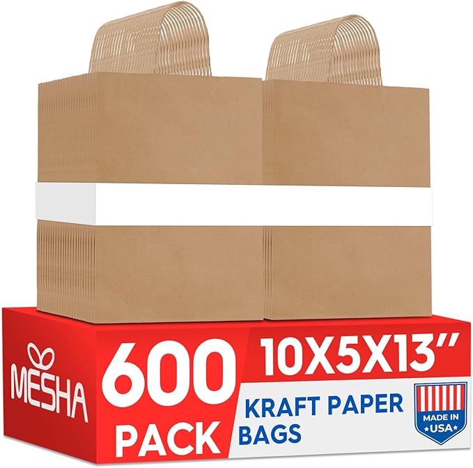 MESHA 600 Pcs Kraft Brown Paper Bags 10X5X13 Inch Large Gift Shopping Bags with Handles Bulk for Birthday,Wedding,Party,Favor,Grocery,Small Business