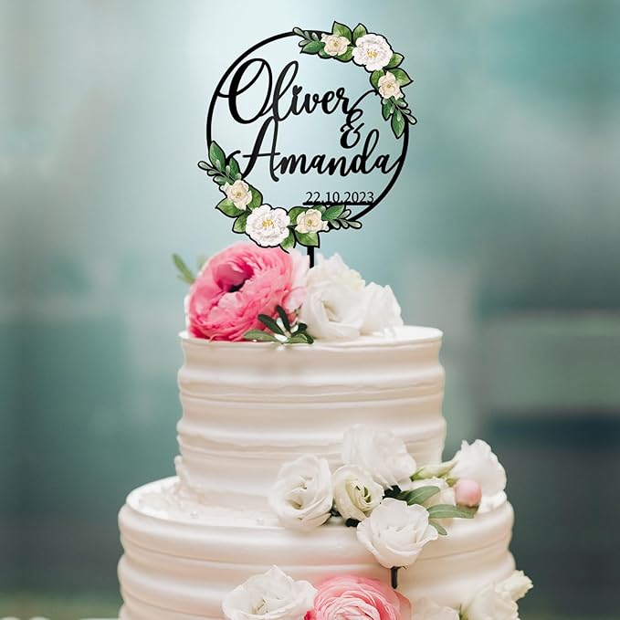 Personalized Wedding Cake Topper in Acrylic Custom Bride & Groom Name & Date Cake Decoration Printed with Flowers & Green Leaves
