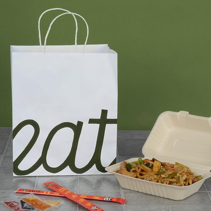 Prime Line Packaging White Paper Bags, Kraft Gift Bags with Handles for Small Business, Shopping, Take-out Goodies, Bistro, Boutique, Bulk, 10x6.75x12, 50 Pack