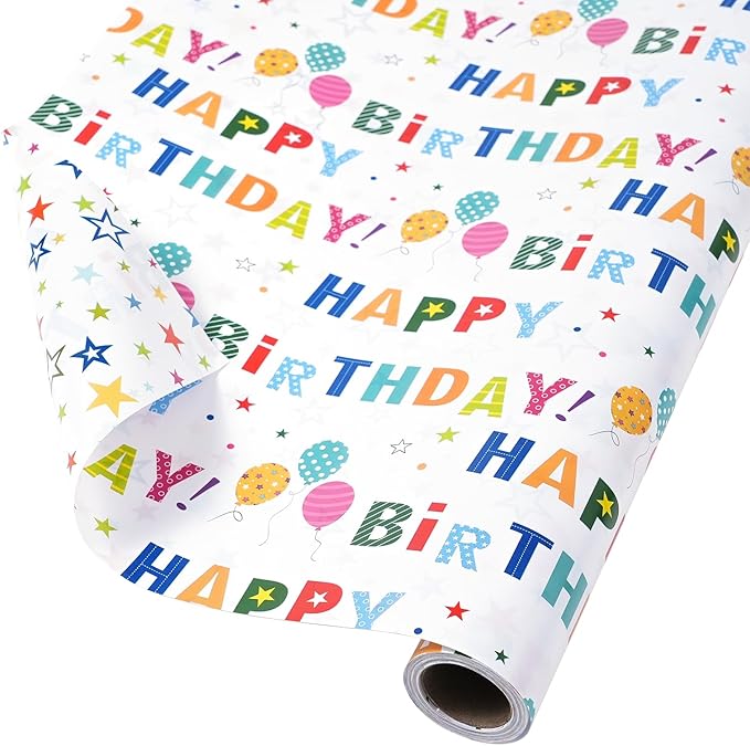 Reversible Birthday Wrapping Paper Roll for Boys Girls Kids - Mini Roll - 17 Inches X 33 Feet - Colorful Happy Birthday Lettering Balloon and Stars Design for Boy Girls Kids
