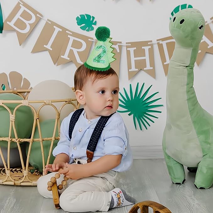 Green Glitter Dinosaur Birthday Cone Hat for 1-5 Years Old Kids Boys Dino Dinousour Birthday Hat Party Decoration