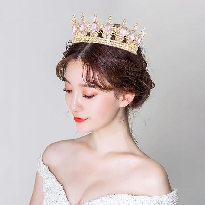Queen Crown Rhinestone Wedding Crowns and Tiaras for Women Costume Party Hair Accessories Princess Birthday Crown Crystal Bridal Crown (Gold & Pink Crown)