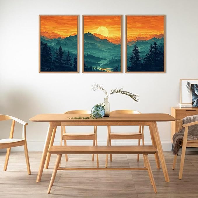 HOURIA Large Sunrise Mountain Forest Landscape Framed Canvas Wall Art Set,Orange Sky Green Ridge Wall Decor,Nature Pine Tree Artwork,Boho Watercolor Art Print for Living Room, Bedroom- 16"x24"x3