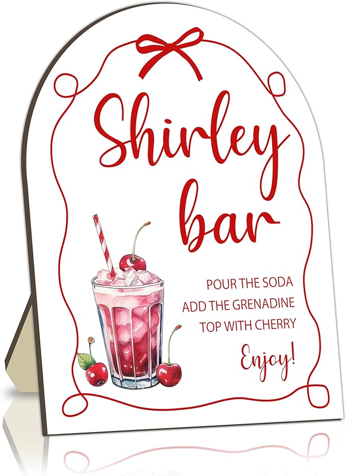 Bow Shirley Bar Sign, Baby Shower Welcome Sign, Baby Shower Table Decor Sign, Party Reception Signs, Red Bow Babies Party Decor Supplies, Wooden Sign with Stand, Wedding Parties Decor Favor 8x10 Inch