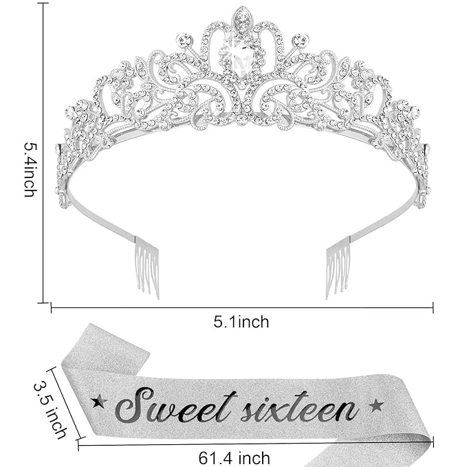 Sweet 16 Birthday Crown and Sash for Girls, Sweet 16th Sashes and Tiara Set, 16th Birthday Party Decorations for Women Accessories Gifts for Girl