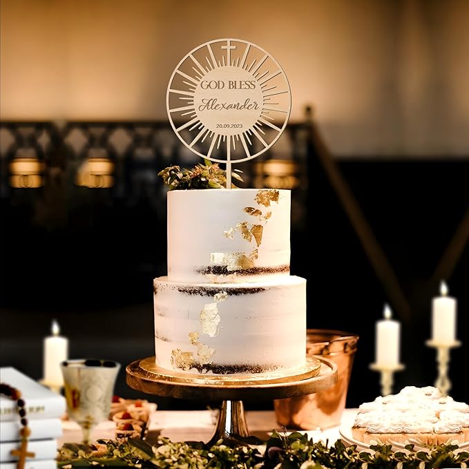 Personalized Baptism Cake Topper in Wood Custom Name & Date God Bless Cake Topper Decoration (Design 01)
