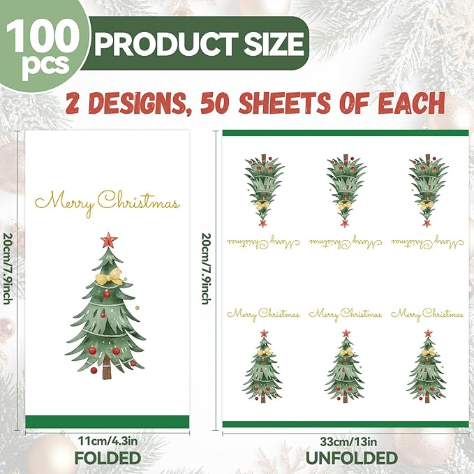 100 Pack Christmas Dinner Paper Napkins, Disposable Christmas Paper Hand Towels for Bathroom, Dinner, Kitchen & Xmas Holiday Party Supplies Xmas Guest Napkins Table Decor