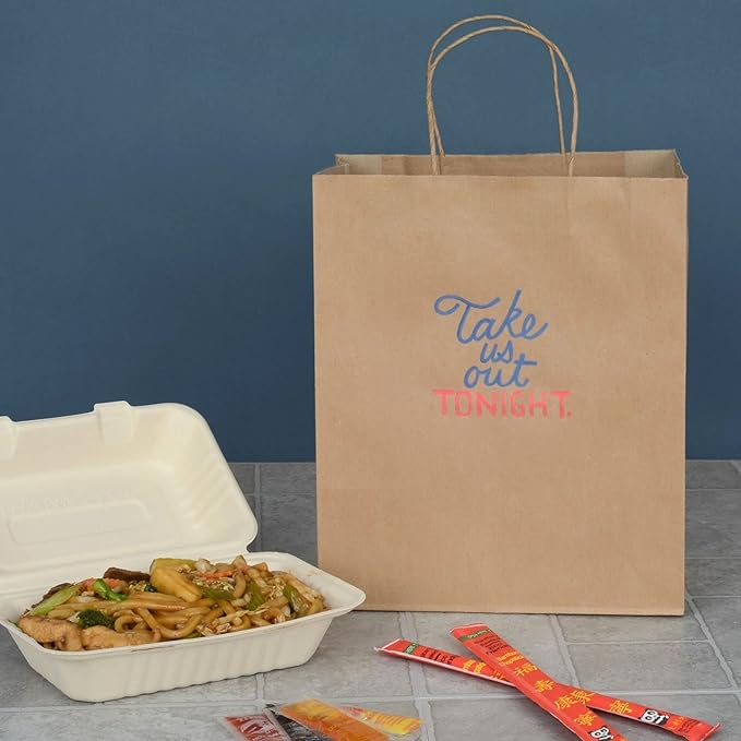 Prime Line Packaging Brown Paper Bags, Medium Shopping Bags with Handles for Small Business, To Go Food, Grocery, Retail, Party Favors, 10x6.75x12, 50 Pack
