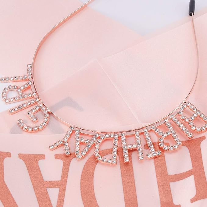 AOPRIE Birthday Girl Crown for Women with Sash Rose Gold Tiara for Women Headband Princess Crown Rhinestone Happy Birthday Accessories