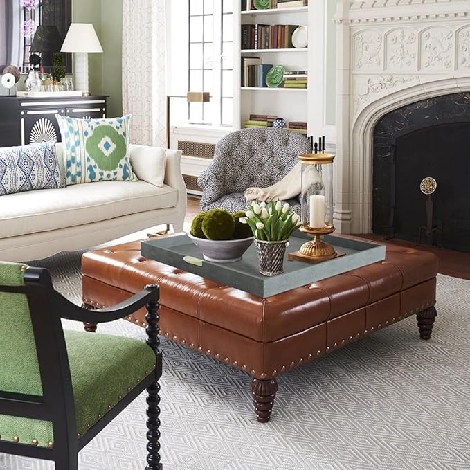 HofferRuffer Extra Large Square Serving Tray, Elegant Faux Leather Ottoman Tray with Gold Hardware Handles, Serve Tea, Coffee or Breakfast in Bed, 23.6 x 23.6 inches (Large Square)