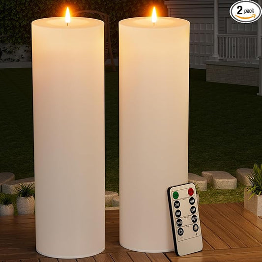 14" x 4" Large Outdoor Candles with Timer Waterproof Flickering LED Flameless Candles Battery Operated with Remote Fake Pillar Candles Realistic for Patio Porch Lanterns, White 2 Pack