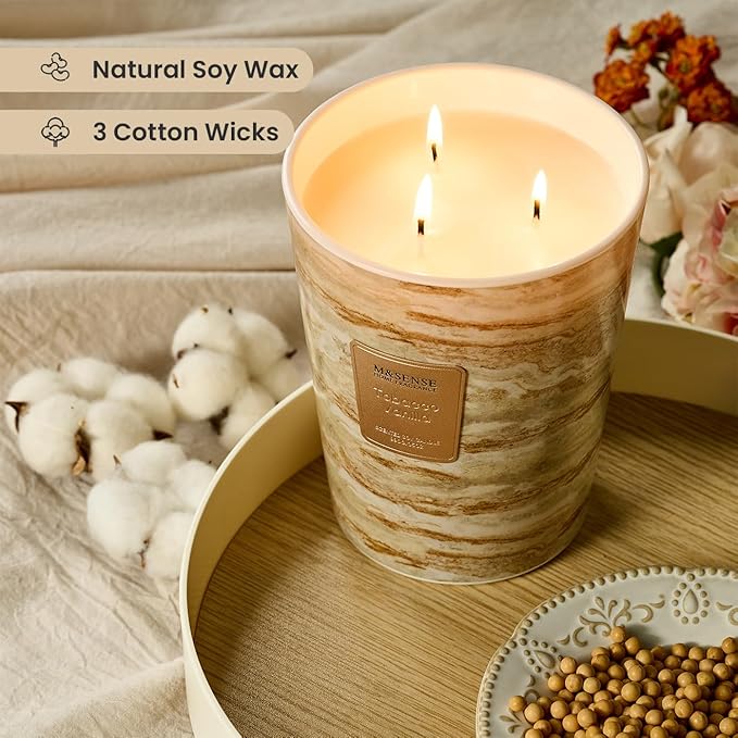 M&SENSE Extra Large Candle 35oz 150H TobaccoVanilla Scented, 3 Wick Highly Scented Jar Candles, XL Large Christmas Gift Candle for Women, Long Lasting Burning for Holiday, Thanksgiving, Christmas