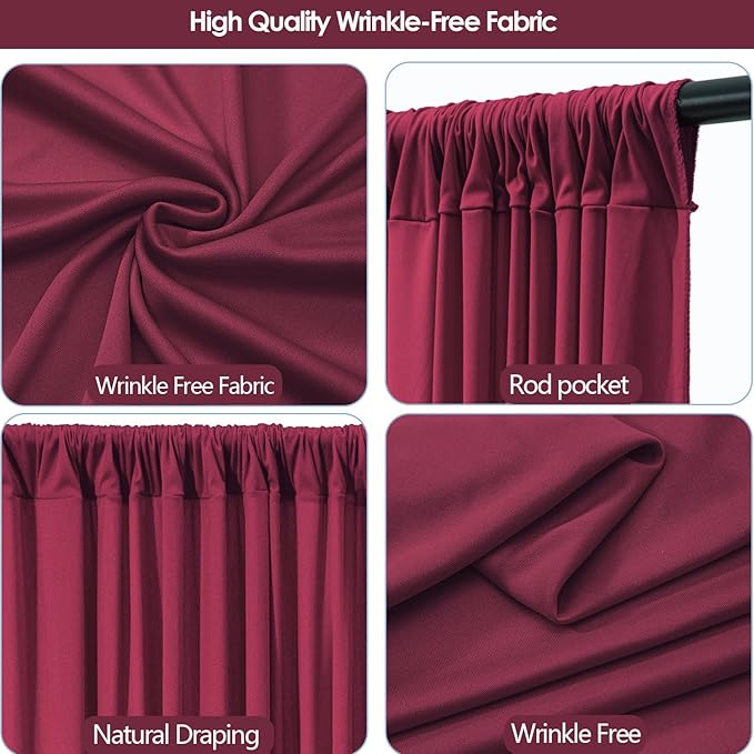 10x10ft Wrinkle Free ‌Burgundy Backdrop Curtain for Parties Soft Fabric Drapes Wedding ‌Curtain Backdrop for Birthday Party Decorations Background for Photography 5x10ft, 2 Panels