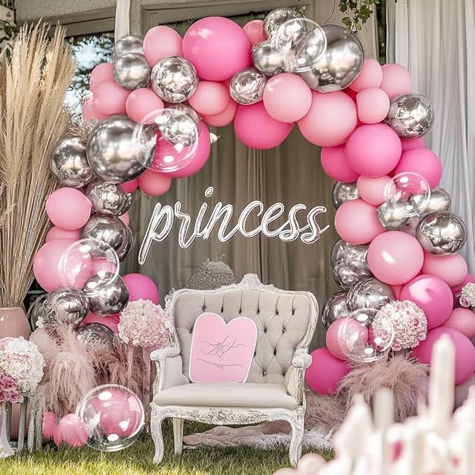 Pink Silver Balloon Garland Double Stuffed Light Pink Balloon Arch Kit with Clear Bobo Balloons for Birthday Baby Shower Wedding Bridal Shower Princess Party Decorations