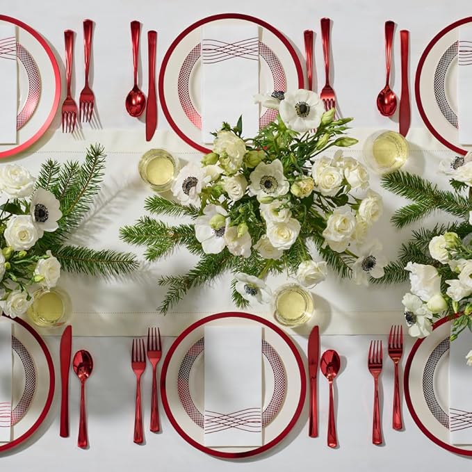 By Madee HEAVYWEIGHT 175 Pc Christmas Plates and Napkins Disposable | White with Red Trim Plastic Plates, Silverware & Napkins | Fancy Disposable Dinnerware Set for Weddings & Party (25 Guests)