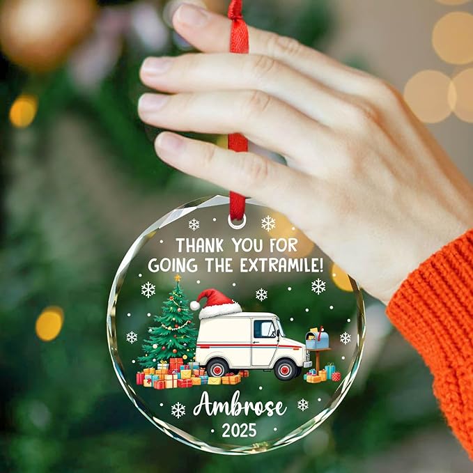 Personalized Mail Carrier Christmas Tree Ornament 2025, Thank You for Going The Extra Mile! Glass Ornaments for Postman, Postal Worker Christmas Keepsake Gifts, Mailman Xmas Ornament Custom Name