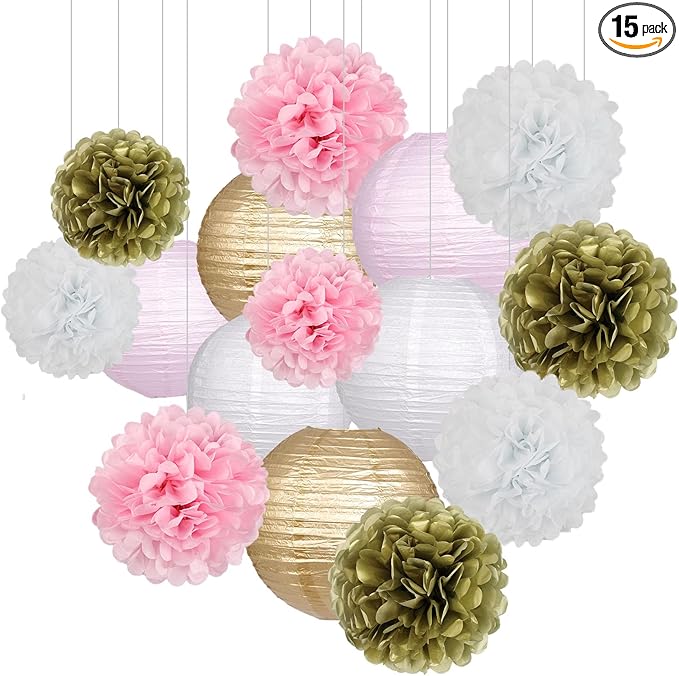 Pink Gold Party Decorations, Pink Gold Paper Lanterns and Pom Poms Flowers for Birthday Party Baby Showers Engagement Tea Party Decor 15PCS