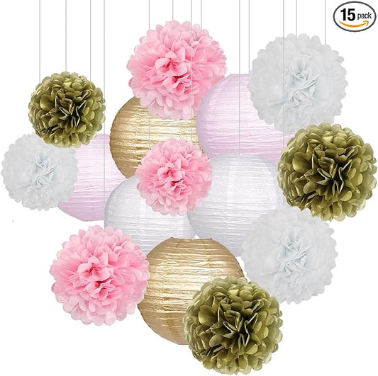 Pink Gold Party Decorations, Pink Gold Paper Lanterns and Pom Poms Flowers for Birthday Party Baby Showers Engagement Tea Party Decor 15PCS