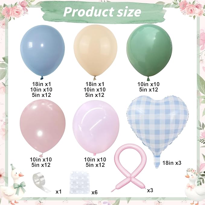 Silly Goose Balloon Arch Kit, Pink Blue Green Latex Balloon Garland Kit Gingham Heart Foil Balloons for Boys Girls Goose Birthday Baby in Bloom Baby Shower Floral Fairy Wildflower Party Decorations