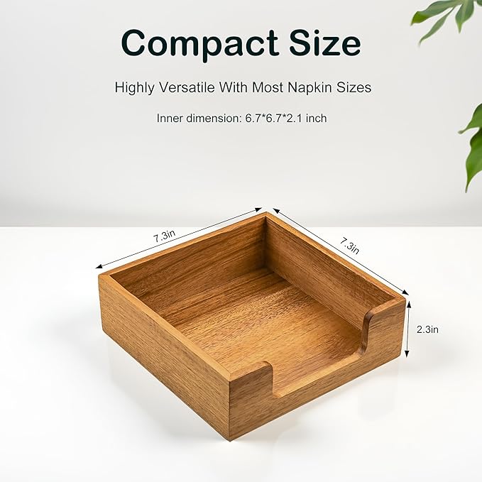 Acacia Wood Napkin Holder for Table, Farmhouse Square Napkin Dispenser with Wide Side Opening - Easy to Grab Paper Napkins for Dining Table & Kitchen Counter (7.3“x7.3"x2.3")