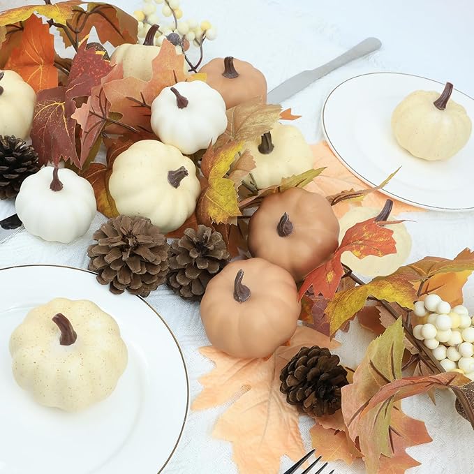 Artgar Foam Pumpkin Decor - 16 PCS Artificial Pumpkin Set - Fall Decor with Mini Pumpkins, Pinecones Maple Leaves Berries for Halloween Thanksgiving Fall Decor, DIY Crafts Tabletop Tray Decorations