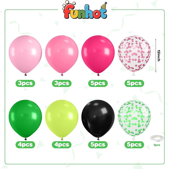 Pink Green and Black Balloons,12 Inch Hot Light Pink Dark Green Black with Confetti Balloon for Birthday Baby Shower Princess Witch Party Decorations