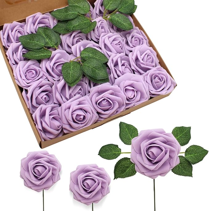 Artificial Flowers Realistic Roses, 50pcs Real Looking Fake Roses with Stem for DIY Wedding Bouquets Centerpieces Bridal Shower Party Home Romantic Decorations (Regular 3" - 50pcs, Light Purple)