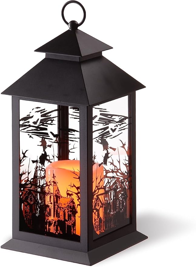 National Tree Company Halloween Lantern with LED Lights, Carved Images of Witches, Haunted House, 12 inches