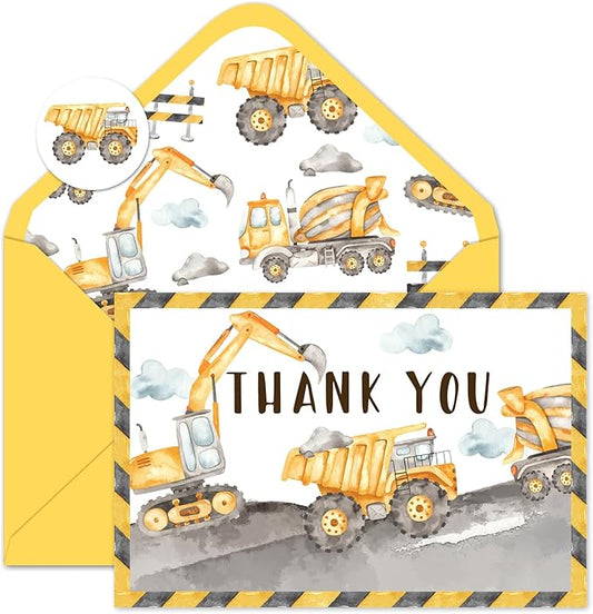 Whaline 24 Pcs Construction Thank You Cards Greeting Cards with Envelopes Stickers Yellow Dump Truck Digger Excavator Blank Note Cards for Birthday Baby Shower Party, 4 x 6 Inch