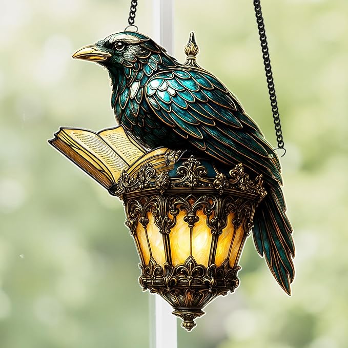 Gothic Halloween Crow Decoration, Raven Lamp Acrylic Suncatcher, Black Bird Window Hanging Ornament, Witchy Spooky Sun Catcher Gift for Women, Friends, Bird Lovers, Halloween, Fall, Christmas Décor