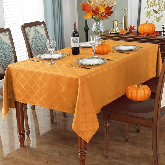 SASTYBALE Jacquard Thanksgiving Tablecloth Flower Pattern Autumn Table Cloth Spill Proof Wrinkle Resistant Table Cover for Harvest & Fall Decor (Rectangle, 52" x 70" (4-6 Seats),Amber)