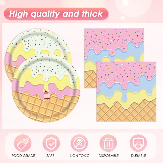 41Pcs Ice Cream Party Decorations,Ice Cream Disposable Tableware Kit with Paper Plates Napkins Tablecloth丨Gender Reveal Party,Toddler Party,Baby Bridal Shower Boys Girls Birthday Decorations,Serves 20
