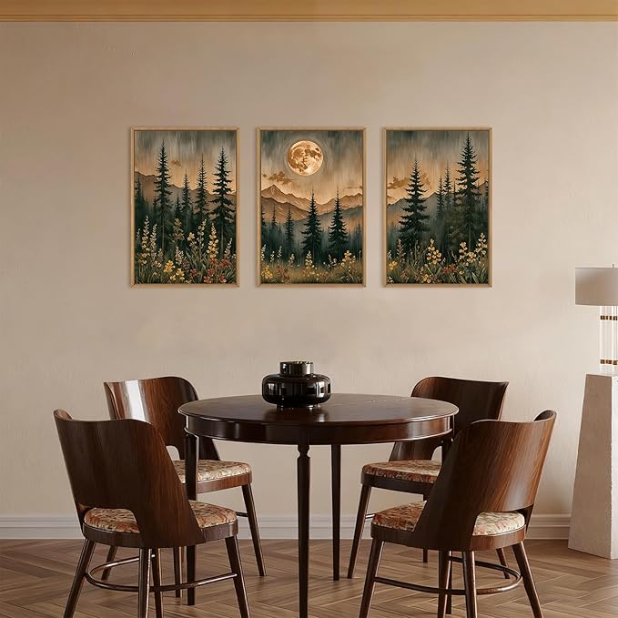 HOURIA Nature Forest Mountain Framed Canvas Wall Art Set,Moonlight Pine Tree Flower Wall Decor,Wilderness Field Wall Painting,Vintage Botanical Art Prints for Living Room,Bedroom,Farmhouse-16 x24 x3