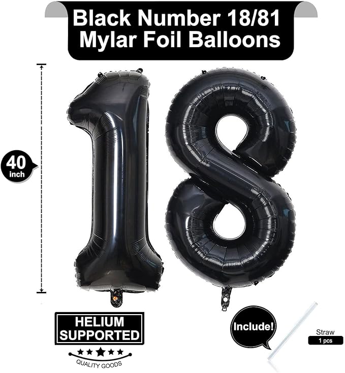 40 Inch Black 18 Number Balloons Giant 18 Balloons Black Birthday Balloons 18th Birthday Anniversary Events Party Decorations Supplies