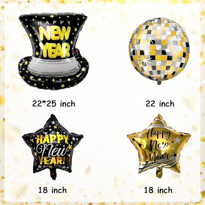 7pcs 22 Inch Happy New Year Balloons, Disco Ball Balloons And Star Foil Balloon For 2026 New Years Eve Party Supplies