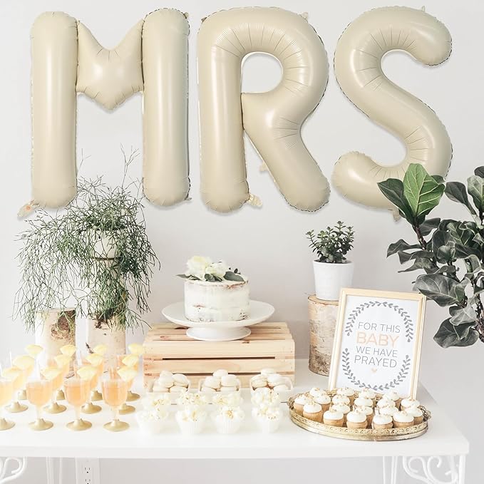 Biapian 40 Inch MRS Letter Balloons, Big Cream MRS Foil Balloons, 3 Pcs Giant Foil Large Aluminum Balloon Helium for Wedding Bride to Be Anniversary Couple Sweetheart Hen Party Decoration (Cream)
