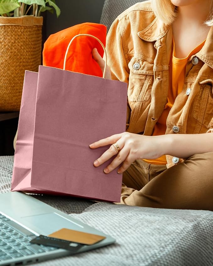 qiqee Dusty Rose Brown Gift Bag with Handles Bulk 24Pcs Paper Bags -10.6"x8.3"x4.3"Party Favor Bags - Solid Color