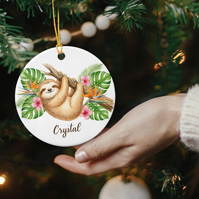 Personalized Sloth Lover Ceramic Ornament, Christmas Sloth Animal Keepsake, Animal Decor Gift for Boys Girls Sloths Lovers, Customized Name Wildlife Ornament, Sloths Hanging Xmas Tree Decoration