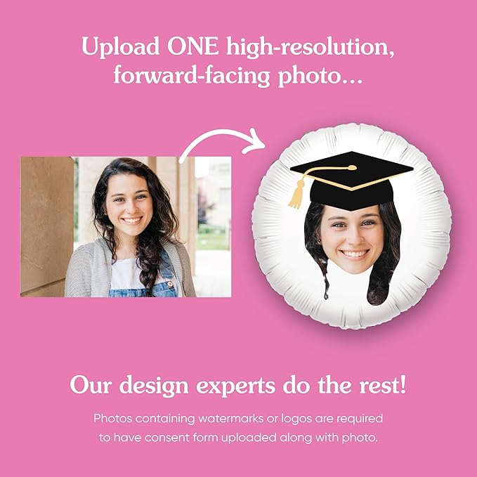Big Dot of Happiness Personalized Grad Cap Fun Face Photo Balloon, Elementary High School College Custom Graduation Party Decorations, Double-Sided Round Circle Mylar, 1 Piece