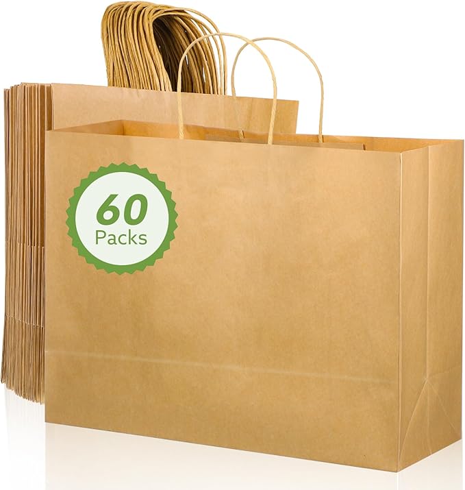 woric 60 PCS Brown Paper Bags with Handles, Christmas Gift Bags 16 x 6 x 12 inch Large Gift Bag Bulk Paper Bags Shopping Bags for Grocery Small Business Stocking Stuffers