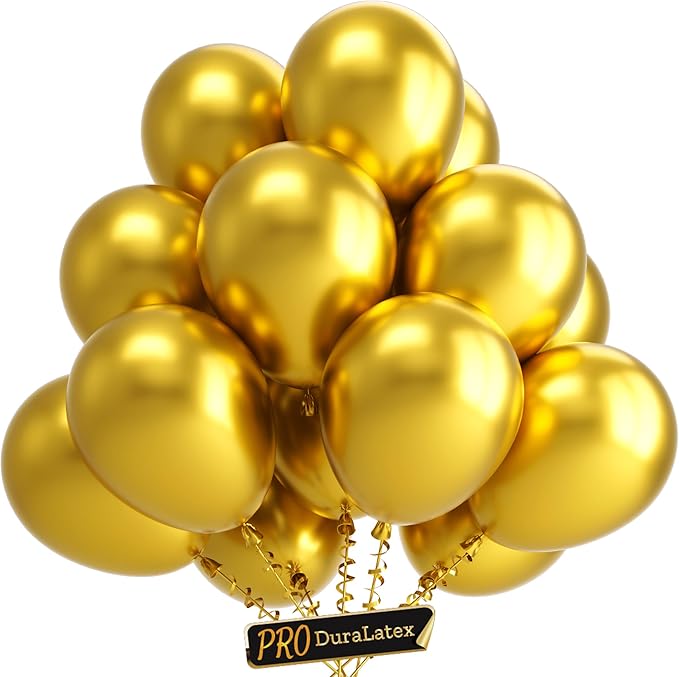 Bezente Pro Duralatex Metallic Gold Balloons - 3.2g Premium 100 Pack 12 inch Gold Balloons for Long-Lasting Professional Party Decorations, Large Birthday Wedding Anniversary