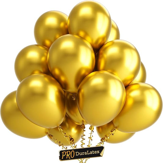 Bezente Pro Duralatex Metallic Gold Balloons - 3.2g Premium 100 Pack 12 inch Gold Balloons for Long-Lasting Professional Party Decorations, Large Birthday Wedding Anniversary