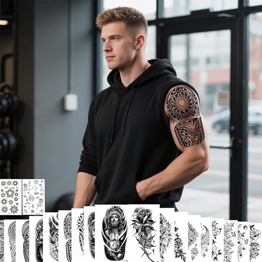 20 Sheets Temporary Tattoos - Black Fake Tattoo Stickers Set for Women Men, Including Floral Mandala and Animal Tribal Designs, Waterproof Body Art for Party Festival