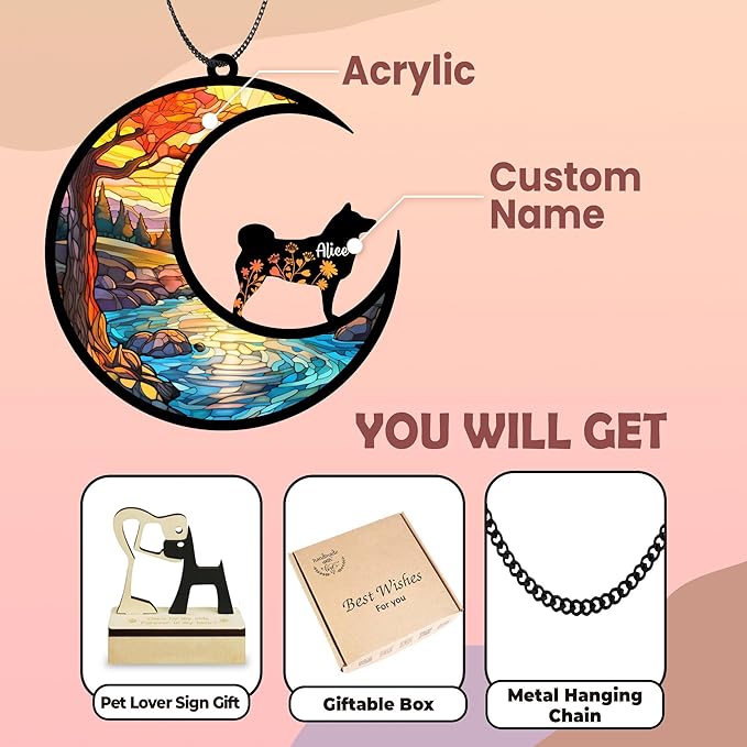 Dog Memorial Suncatcher Personalized Name Breeds Pet Ornament Window Car Hanging Sympathy Gift for Loss of Pet Bereavement Remembrance Gifts for Dog Lovers Outdoor Decor