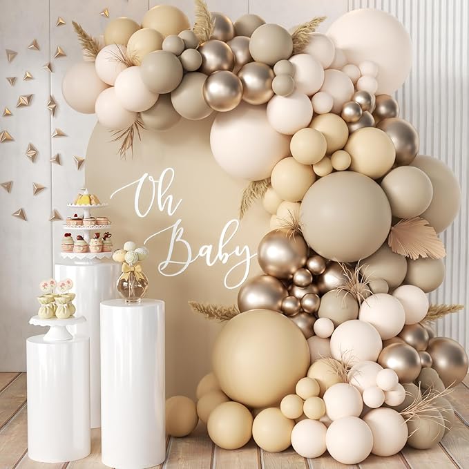 Boho Nude Neutral Balloon Arch Kit, 166Pcs Pastel Brown Maca Light Orange Nude Champagne Gold Metallic Balloons Garland for Baby Shower Gender Reveal Birthday Party Decoration