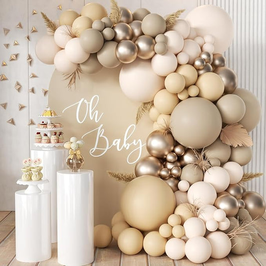 Boho Nude Neutral Balloon Arch Kit, 166Pcs Pastel Brown Maca Light Orange Nude Champagne Gold Metallic Balloons Garland for Baby Shower Gender Reveal Birthday Party Decoration