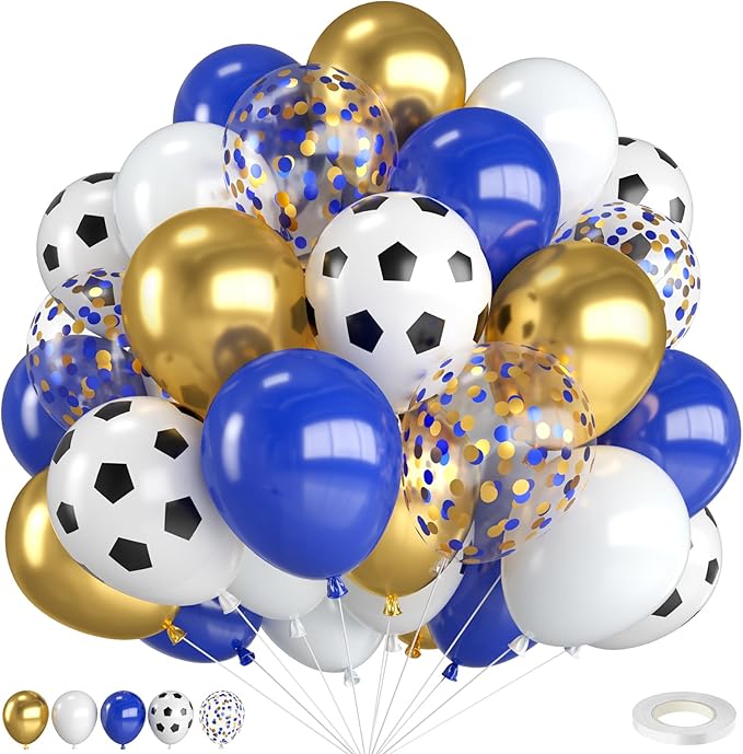 Soccer Balloons,12 Inch Navy Blue Gold and White Soccer Balloons with Blue Gold Confetti Balloon for Boy Soccer Sport Birthday Baby Shower Party Decorations