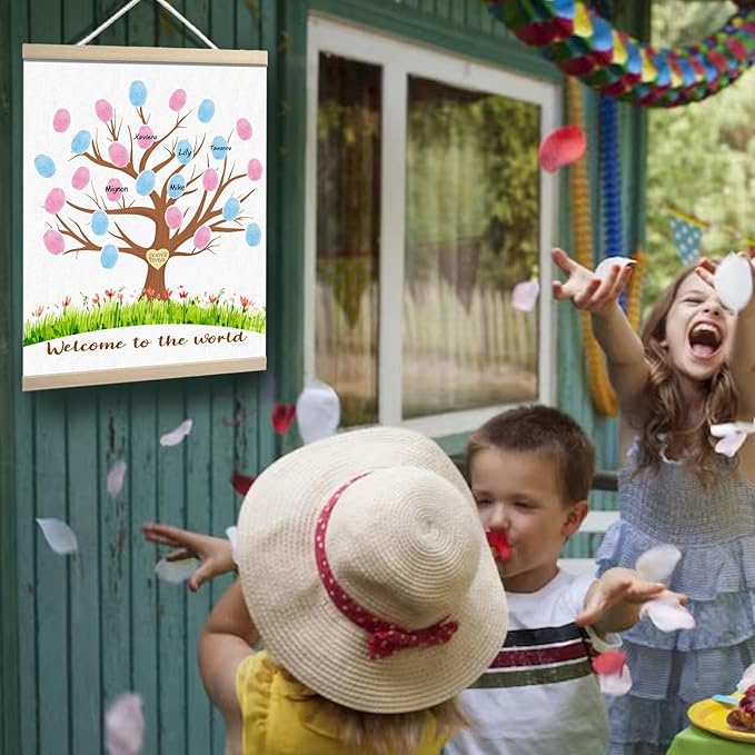 Gender Reveal Decorations Fingerprint Tree Canvas Paintings Decor Gifts Ideas - Baby Party Supplies - Boy and Girl Gender Guess Game - Thumbprint Hanging Paintings