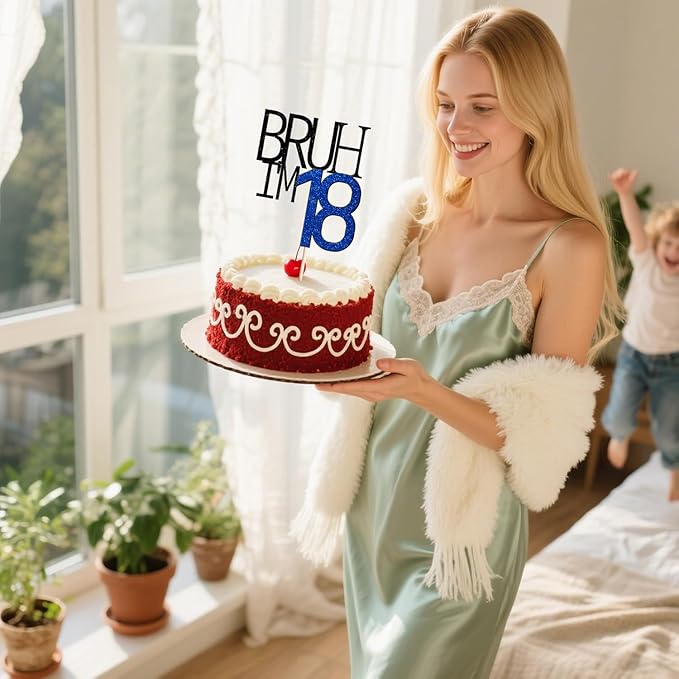 Bruh I'm 18 Cake Topper - Bro I'm 18, Happy Sweet 18 Ornament for Boys' 18th Birthday Party Supplies (blue 18)