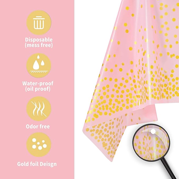 Pink and Gold Disposable Party Tablecloth for Rectangle Table, Gold Stamping Dot Confetti Rectangular Plastic Table Cover, for Bachelorette, Girl Birthday and Baby Shower, Wedding 108"x54" 2 Packs